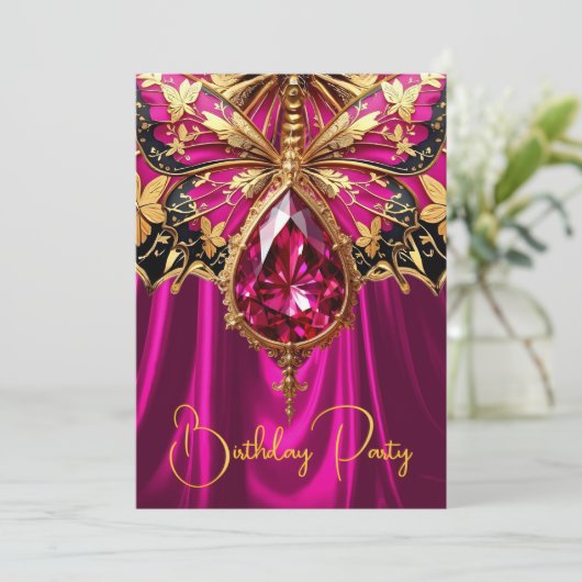 Elegante Exotische Verjaardag Hot Pink Gold Jewel Kaart (Staand voorkant)