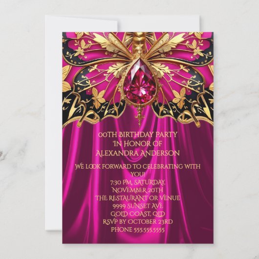 Elegante Exotische Verjaardag Hot Pink Gold Jewel Kaart (Achterkant)