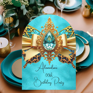 Elegante Exotische Verjaardag Teal Goud Juweel Vli Kaart