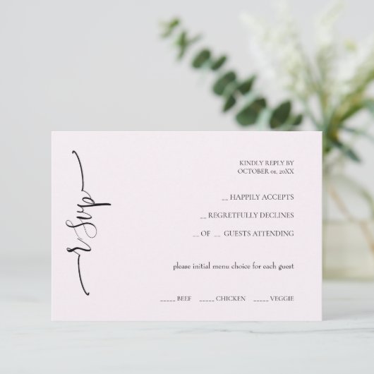 Elegante exotische zachte roze kalligrafie RSVP kaartje (Staand voorkant)