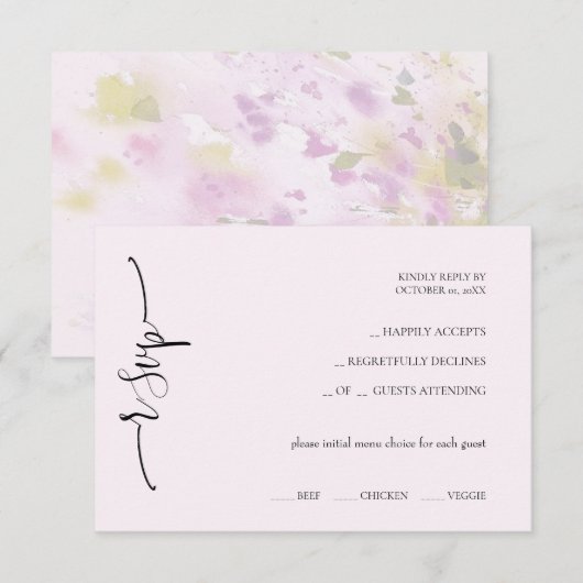 Elegante exotische zachte roze kalligrafie RSVP kaartje (Voorkant / Achterkant)