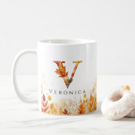 Elegante Fall Leaves Letter V Monogram Initiaal Koffiemok