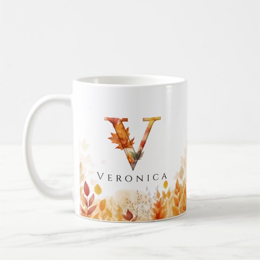 Elegante Fall Leaves Letter V Monogram Initiaal Koffiemok (Links)