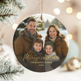 Elegante Familie Foto Gouden Typografie Kerstmis Keramisch Ornament