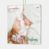Elegante Familie Foto Rood Groen Script Kerstmis Keramisch Ornament (Links)