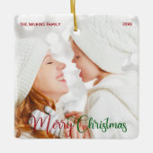 Elegante Familie Foto Rood Groen Script Kerstmis Keramisch Ornament (Voorkant)
