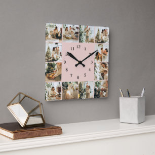 Elegante Familie Fotocollage Blush Pink Keepsake Vierkante Klok