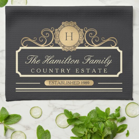 Elegante Familie Huis Monogram Gouden Houtskool Ke Theedoek (Gevouwen)