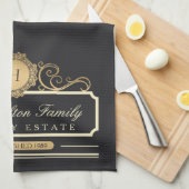 Elegante Familie Huis Monogram Gouden Houtskool Ke Theedoek (Quarter Fold)