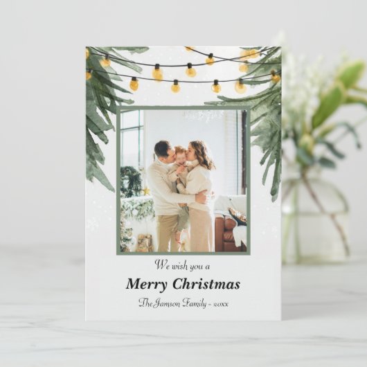 Elegante Familie Kerst Kaart met Waterverf Pine (Staand voorkant)