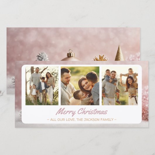 Elegante Familie Kerstgroeten 3 Fotocollage Feestdagenkaart (Voorkant / Achterkant)