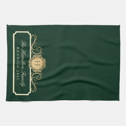 Elegante Familie Reünie Goud Monogram Groen Theedoek (Horizontaal)