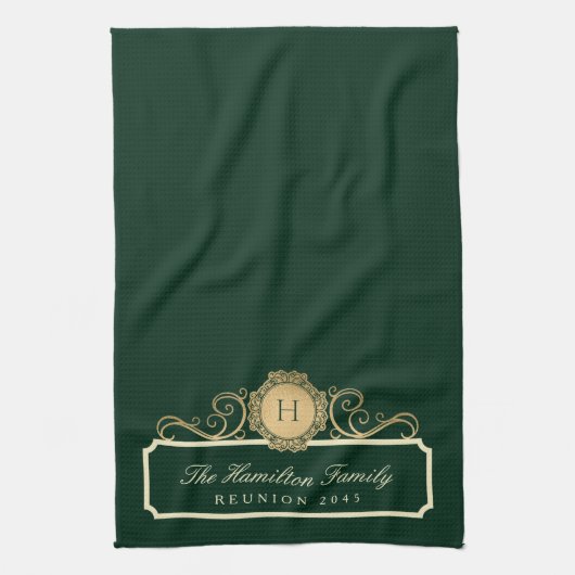 Elegante Familie Reünie Goud Monogram Groen Theedoek (Verticaal)
