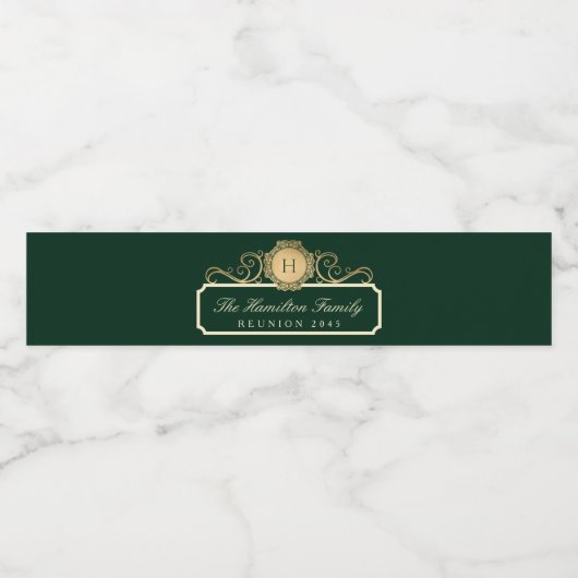 Elegante Familie Reünie Goud Monogram Groen Waterfles Etiket (Enkel label)