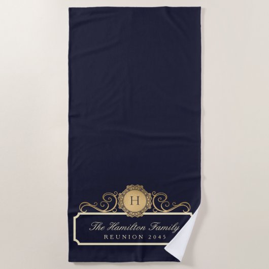 Elegante Familie Reünie Goud Monogram Marine Strandlaken (Voorkant)