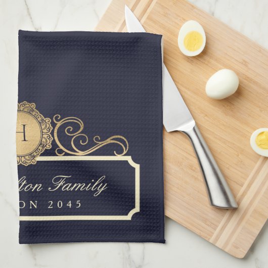 Elegante Familie Reünie Goud Monogram Marine Theedoek (Quarter Fold)