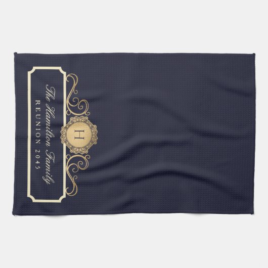 Elegante Familie Reünie Goud Monogram Marine Theedoek (Horizontaal)