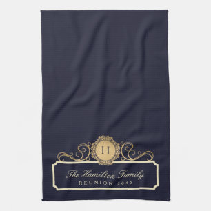 Elegante Familie Reünie Goud Monogram Marine Theedoek