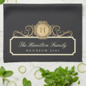 Elegante Familie Reünie Monogram Charcoal Keuken Theedoek (Gevouwen)