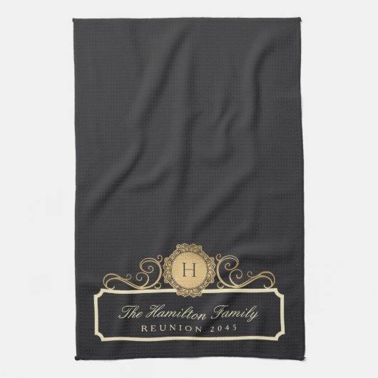 Elegante Familie Reünie Monogram Charcoal Keuken Theedoek (Verticaal)