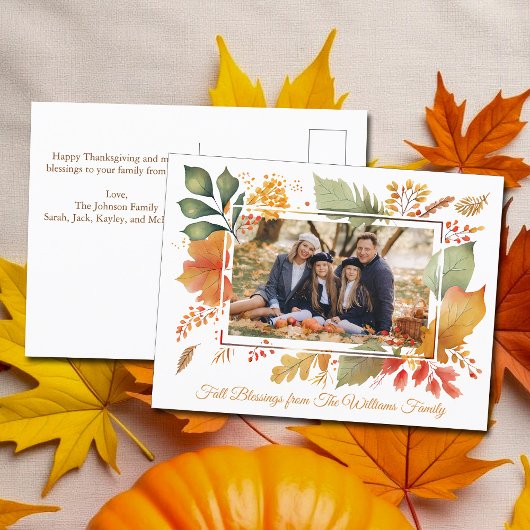 Elegante familie Thanksgiving foto val bladeren Briefkaart