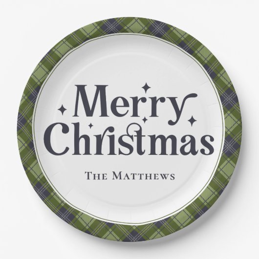 Elegante Familie Vrolijk Kerstfeest Classic Plaid Papieren Bordje (Voorkant)