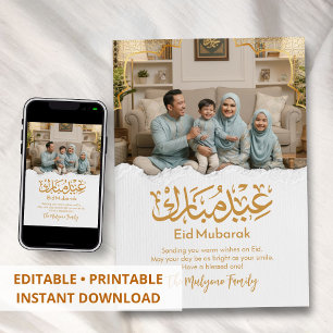 Elegante familiefoto Eid Mubarak gouden Arabische  Feestdagenkaart