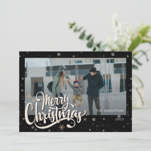 Elegante familiefoto en naam | Prettig kerstfeest Feestdagenkaart (Staand voorkant)