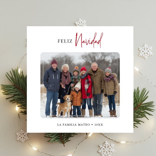 Elegante familiefoto Feliz Navidad Kerstrood Feestdagenkaart