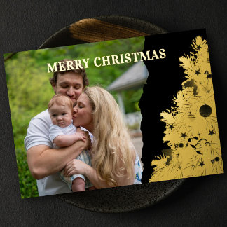 Elegante familiefoto gouden boom zwart folie feestdagenkaart