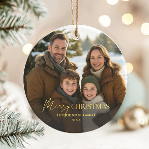 Elegante familiefoto met gouden typografie Kerstmi Keramisch Ornament