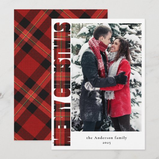 Elegante familiefoto rood geplakt vrolijk kerstfee feestdagenkaart (Voorkant / Achterkant)