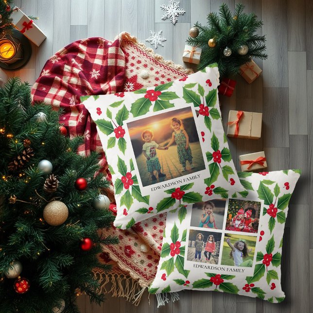 Elegante familiefoto's gepersonaliseerde kerst kussen (Elegant family photos personalized christmas throw pillow. Unique pillow for the Holiday season.)