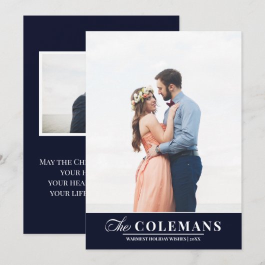 Elegante familienaam Blauw | Verticale vakantiefot Feestdagenkaart (Voorkant / Achterkant)