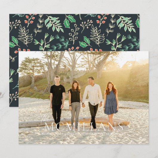 Elegante familienaam Bloemrijke Kerstvakantie Kaart (Voorkant / Achterkant)