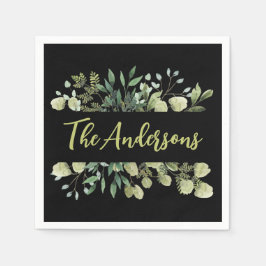 Elegante familienaam botanische bladeren bos zwart servet