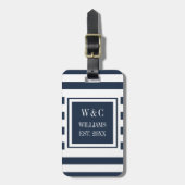 Elegante familienaam met monogram in navyblauw ges bagagelabel (Voorkant verticaal)