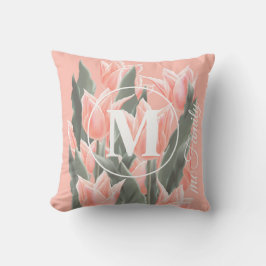 Elegante familienaam monogram perzik tulpen schild kussen