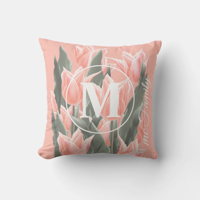 Elegante familienaam monogram perzik tulpen schild kussen (Voorkant)