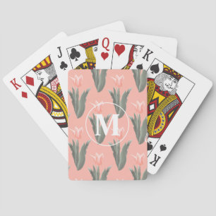 Elegante familienaam monogram perzik tulpen schild pokerkaarten