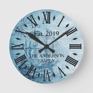 elegante familienaam Romeins Numeral Nautical Ronde Klok
