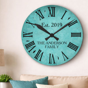  elegante familienaam Romeins Numeriek Blauwgroen Ronde Klok