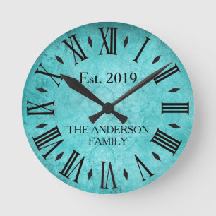  elegante familienaam Romeins Numeriek Blauwgroen Ronde Klok
