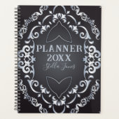 Elegante Fancy barokke luxe Chic Zwart en Zilver Planner (Voorkant)