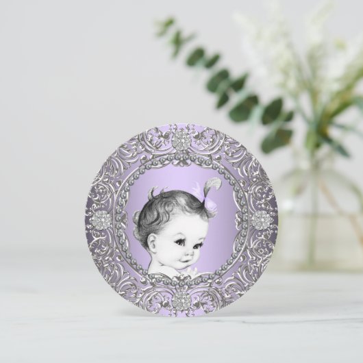 Elegante Fancy Paarse en zilveren Baby Girl Shower Kaart (Staand voorkant)