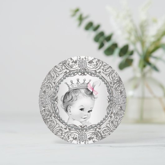 Elegante Fancy Roze en Zilveren Baby Meisje Douche Kaart (Staand voorkant)