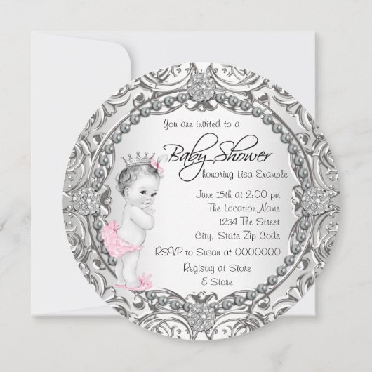 Elegante Fancy Roze en Zilveren Baby Meisje Douche Kaart (Achterkant)