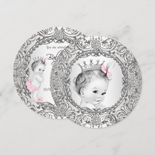 Elegante Fancy Roze en Zilveren Baby Meisje Douche Kaart (Voorkant / Achterkant)