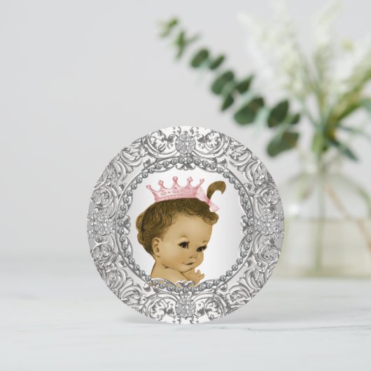Elegante Fancy Roze en Zilveren Baby Meisje Douche Kaart (Staand voorkant)