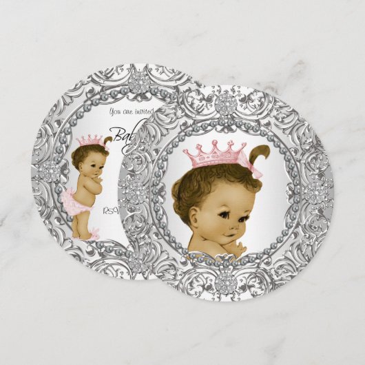 Elegante Fancy Roze en Zilveren Baby Meisje Douche Kaart (Voorkant / Achterkant)